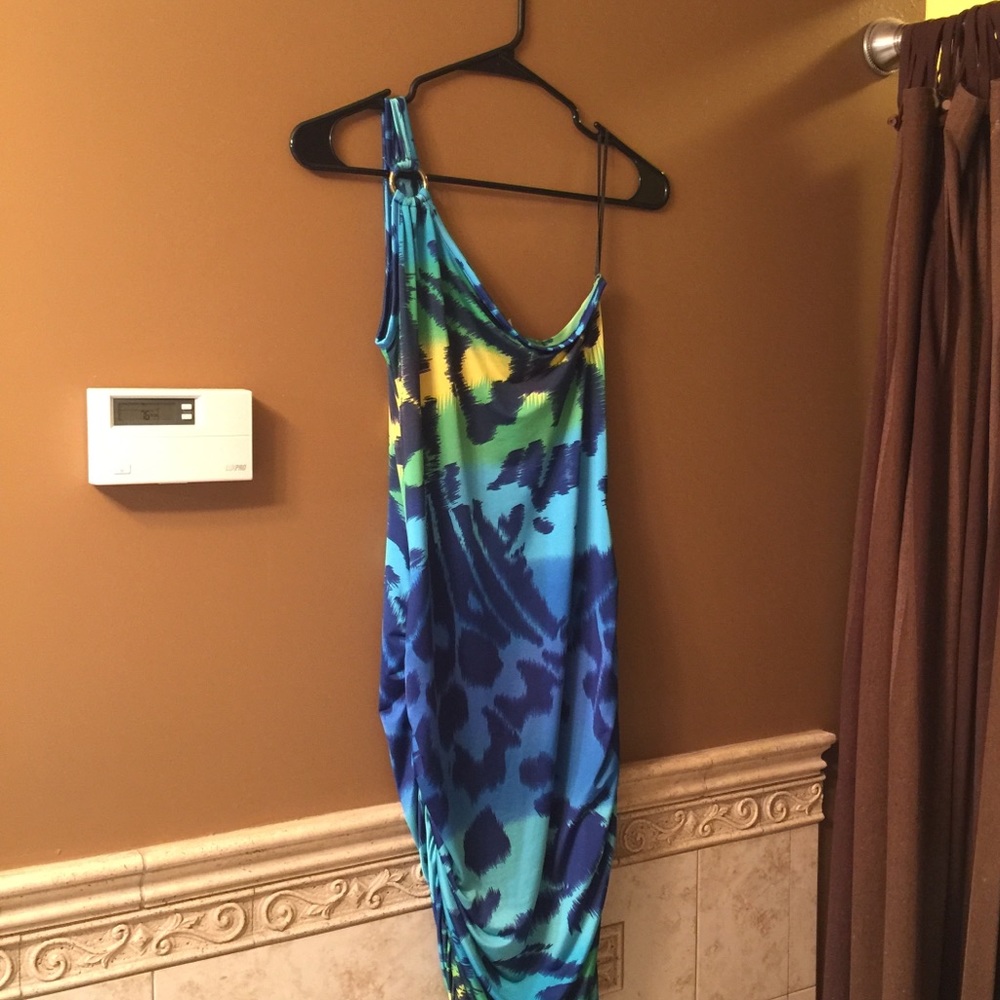 Venus one shoulder multi color dress w gold ring